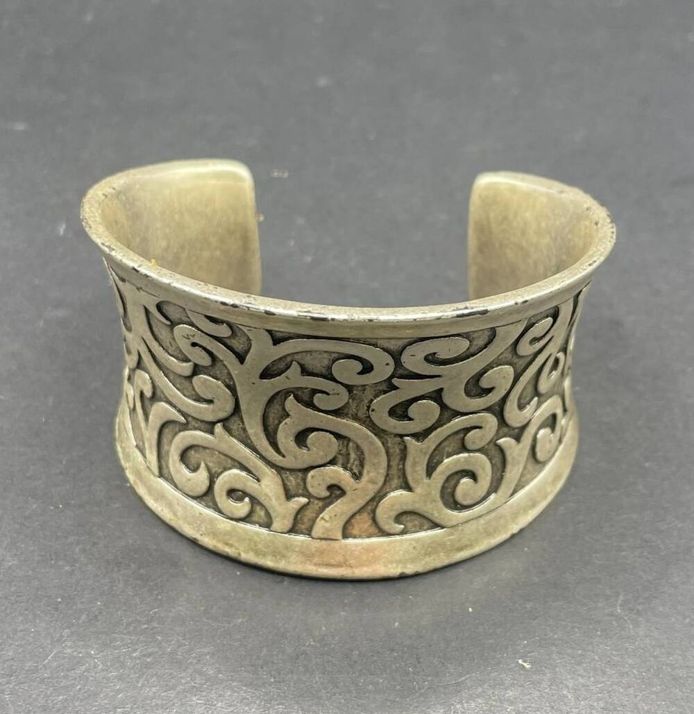 Vintage Silver Tone Wide Cuff Bracelet Filigree Scrollwork Open Bangle